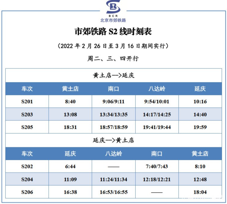 2022北京市郊铁路s2线发车时间表