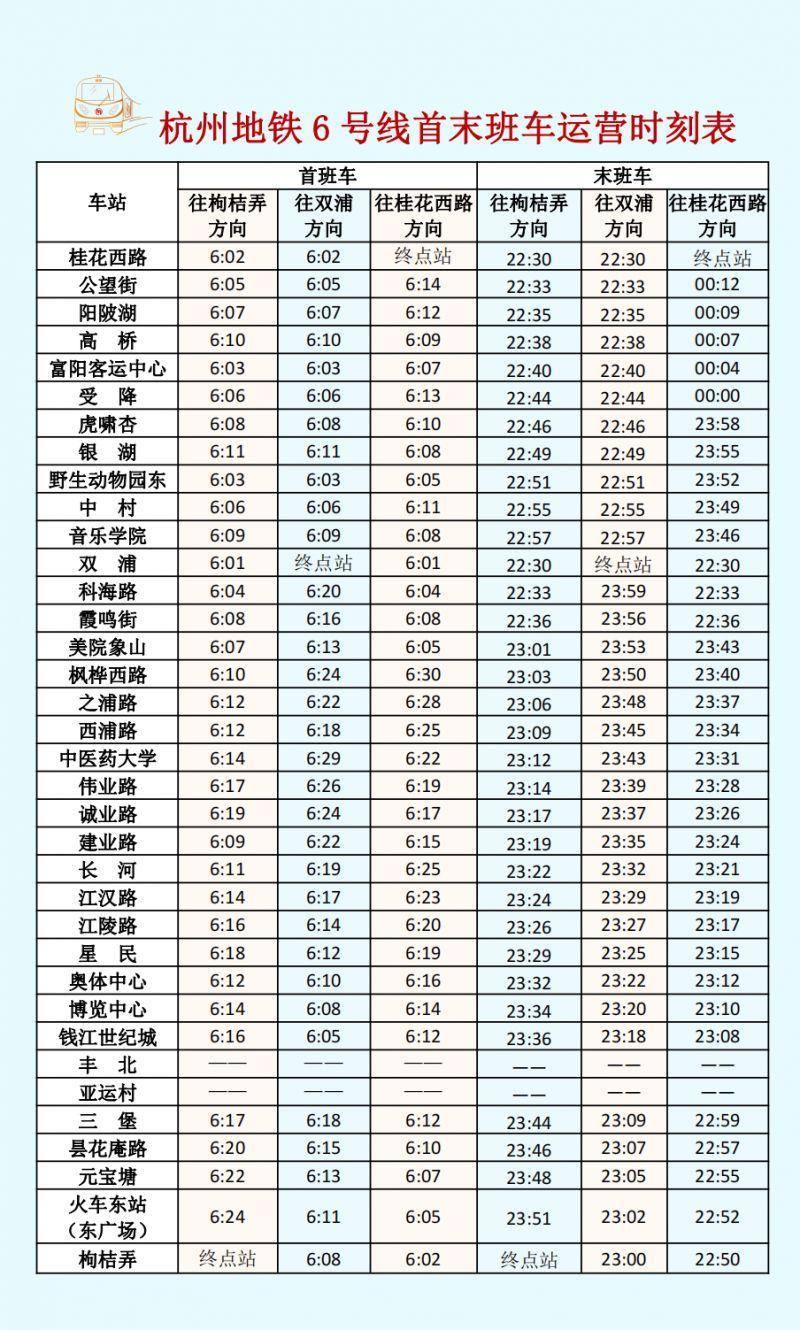 杭州地铁运营时间表2023年