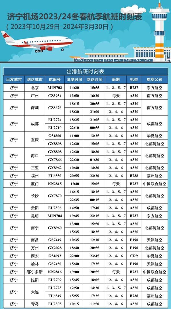 2023-2024济宁机场冬春季航班时刻表