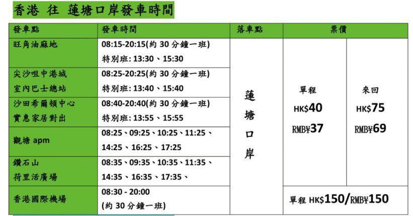 莲塘口岸香港接驳巴士时刻表最新