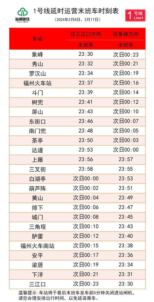 2024福州地铁春节运营时间